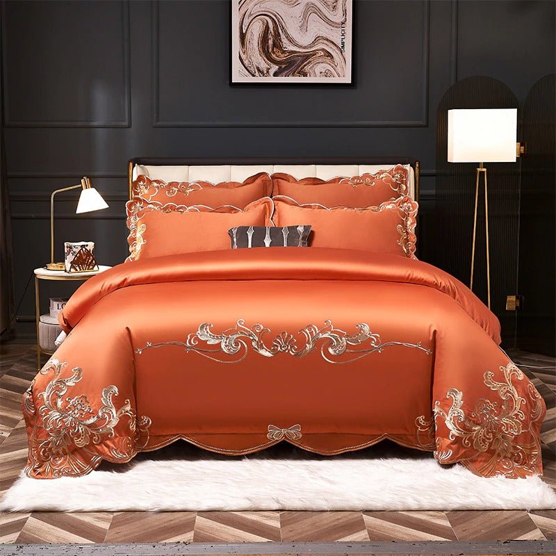 Bergenia Orange Embroidered Cotton Duvet Cover Set - RoseStraya.com