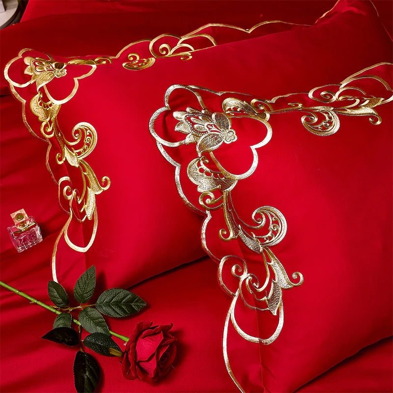 Bergenia Red Embroidered Cotton Duvet Cover Set - RoseStraya.com