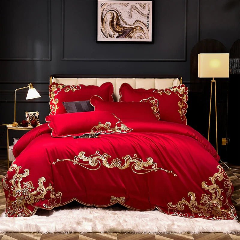 Bergenia Red Embroidered Cotton Duvet Cover Set - RoseStraya.com