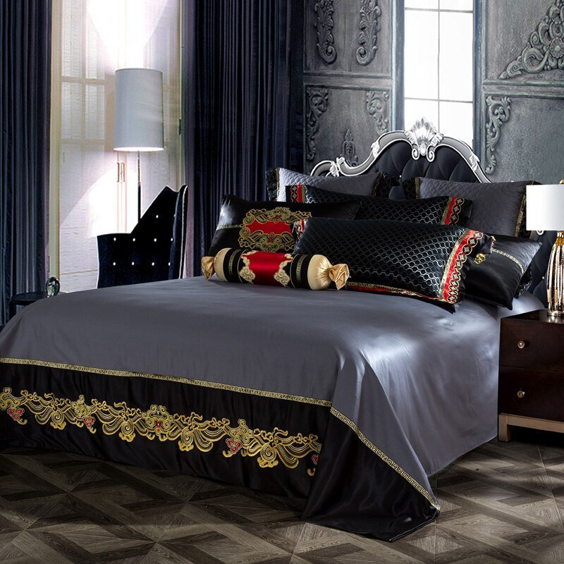 Carbonado Black Satin Egyptian Cotton Luxury Royal Duvet Cover Set - RoseStraya.com