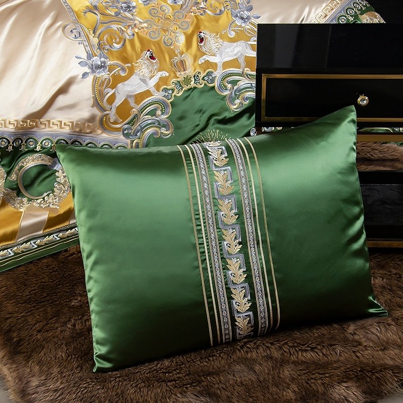 Delilah Green Embroidered Satin Jacquard Egyptian Cotton Duvet Cover Set - RoseStraya.com