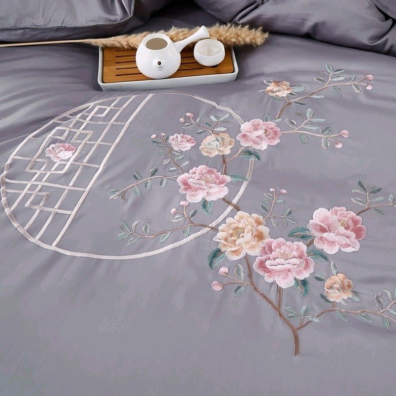 Dorothea Floral Embroidered Egyptian Cotton Duvet Cover Set - RoseStraya.com