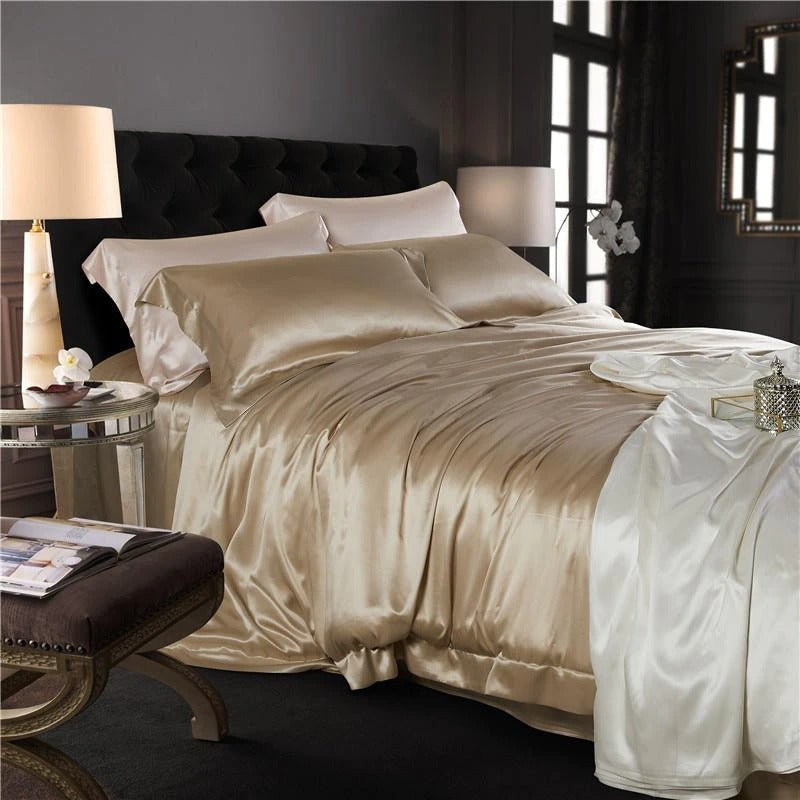 Eloisa Leather Beige Luxury Pure Mulberry Silk Bedding Set - RoseStraya.com