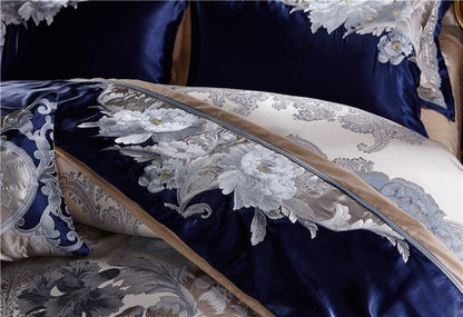 Imperio Blue Silver Silk Cotton Jacquard Luxury Chinese Duvet Cover Set - RoseStraya.com