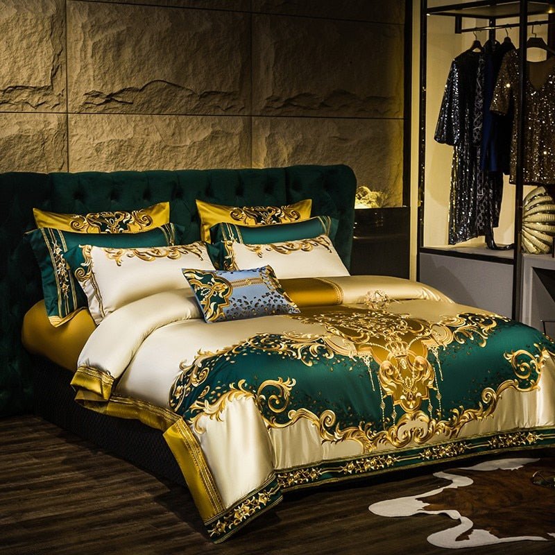 Nasrin Royal Gold Green Embroidery Egyptian Cotton Duvet Cover Set - RoseStraya.com