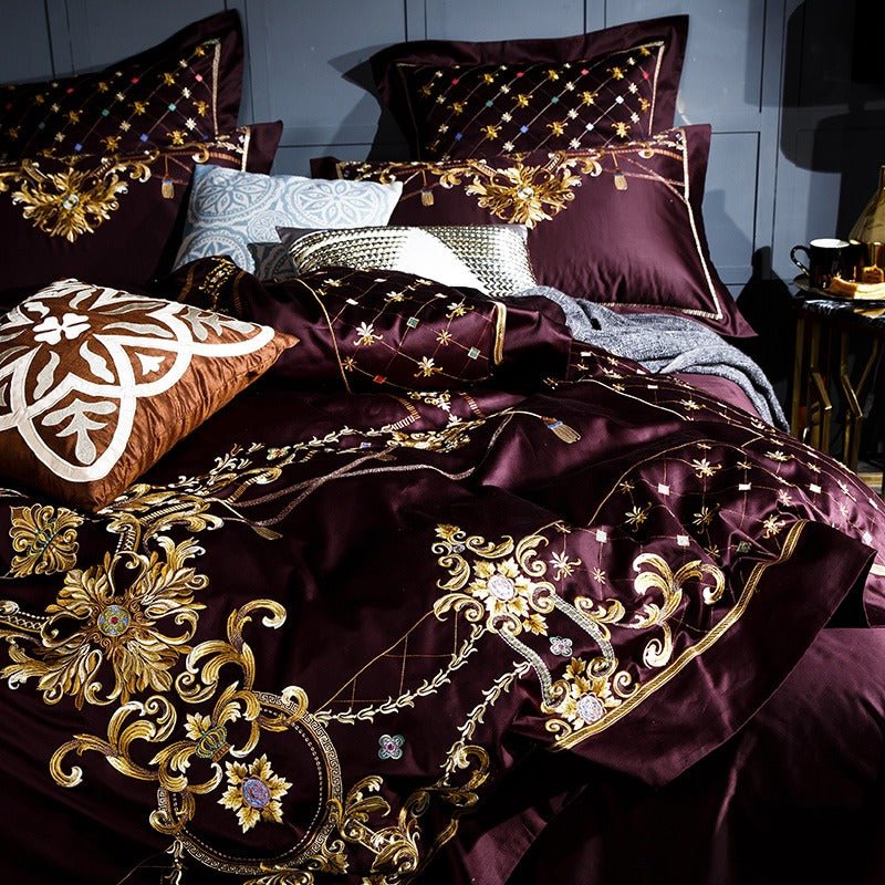 Salome Sangria Egyptian Cotton Luxury Embroidery Duvet Cover Set - RoseStraya.com