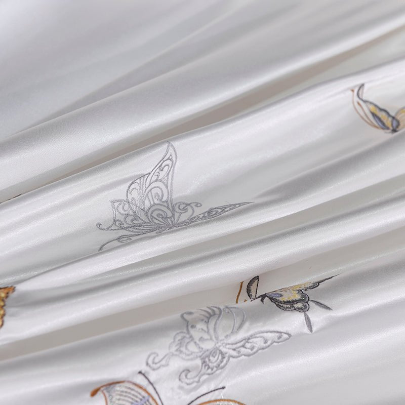 Saraga White Silver Silk Cotton Luxury Butterfly Duvet Cover set - RoseStraya.com
