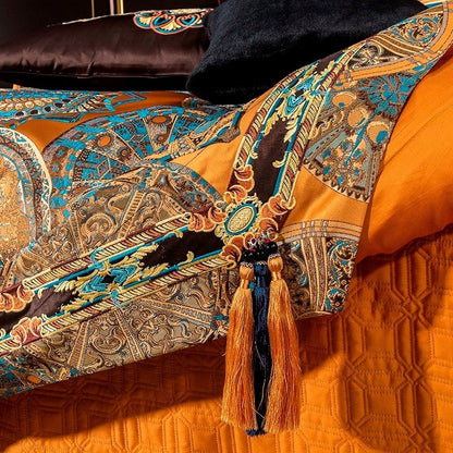 Umaira Embroidered Tassel Rounded Jacquard Satin Duvet Cover Set - RoseStraya.com