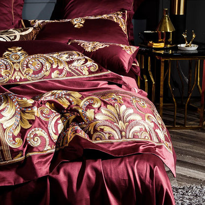 Yara Burgundy Red Luxury Egyptian Cotton Embroidery Duvet Cover Set - RoseStraya.com