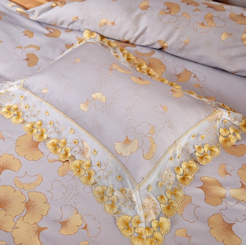Yin Xing Ginkgo Leaves Jacquard Soft Sateen Cotton Duvet Cover Set - RoseStraya.com