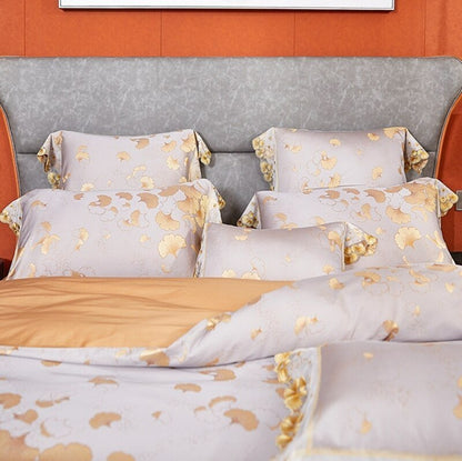 Yin Xing Ginkgo Leaves Jacquard Soft Sateen Cotton Duvet Cover Set - RoseStraya.com